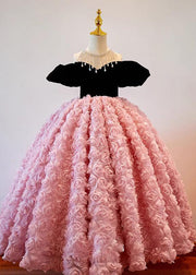 Cute Pink O-Neck Tassel Rose Tulle Girls Long Dress Puff Sleeve