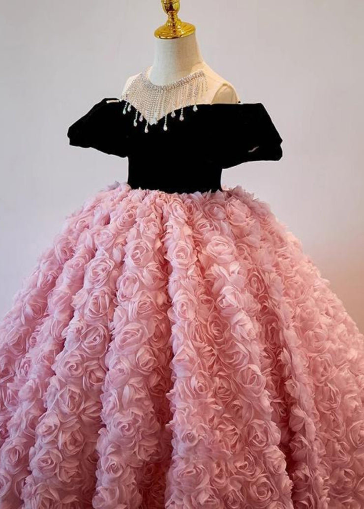 Cute Pink O-Neck Tassel Rose Tulle Girls Long Dress Puff Sleeve