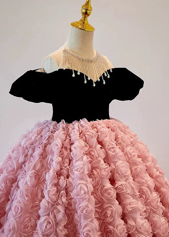 Cute Pink O-Neck Tassel Rose Tulle Girls Long Dress Puff Sleeve