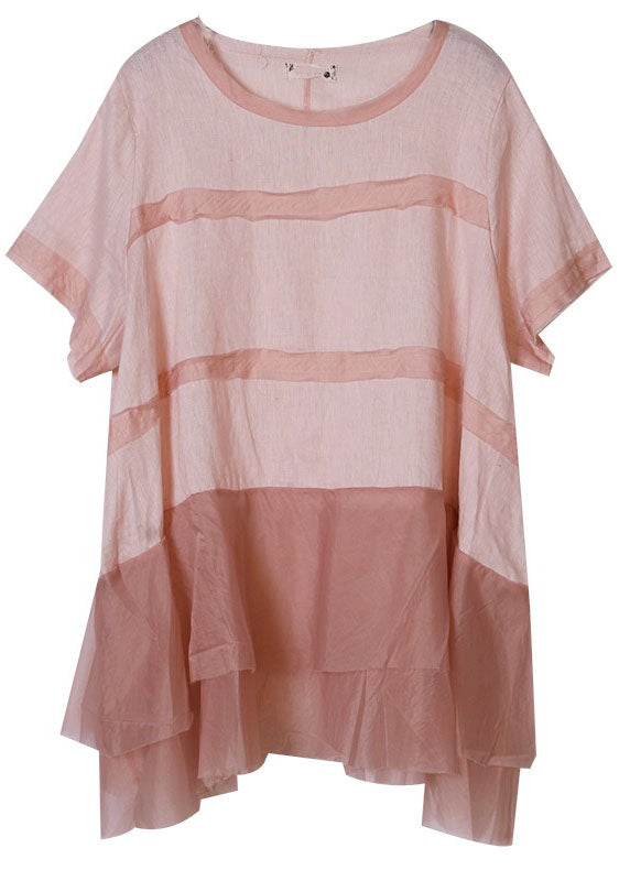 Cute Pink O-Neck Tulle Patchwork Cotton Linen Loose Tank Tops Short Sleeve