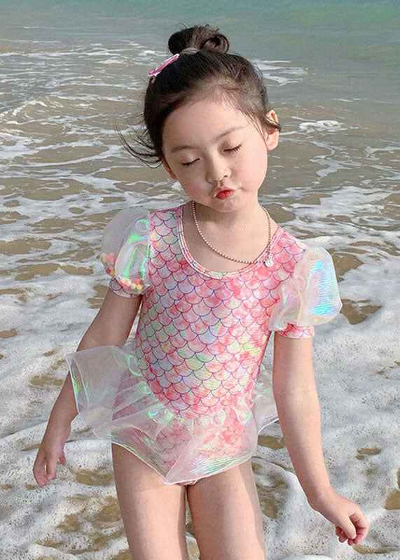 Cute Pink O-Neck Tulle Patchwork Kids One Piece Swimsuit Summer
