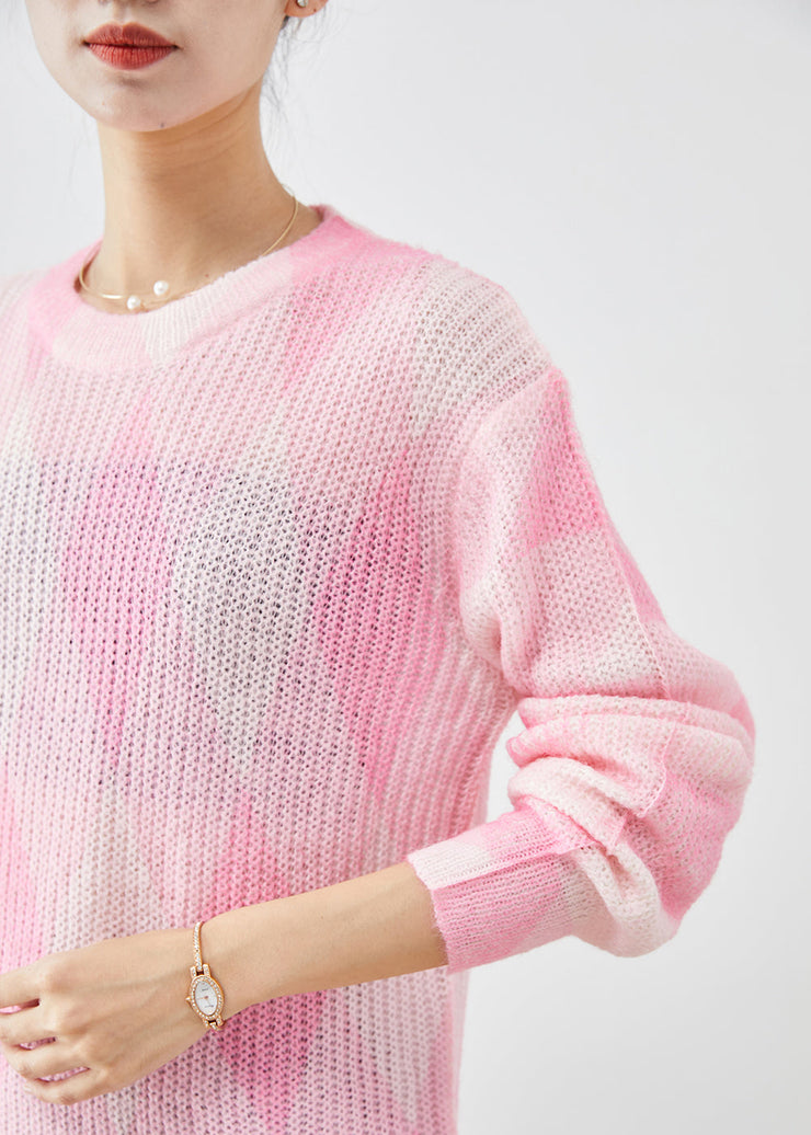 Cute Pink Oversized Plaid Knit Sweaters Fall