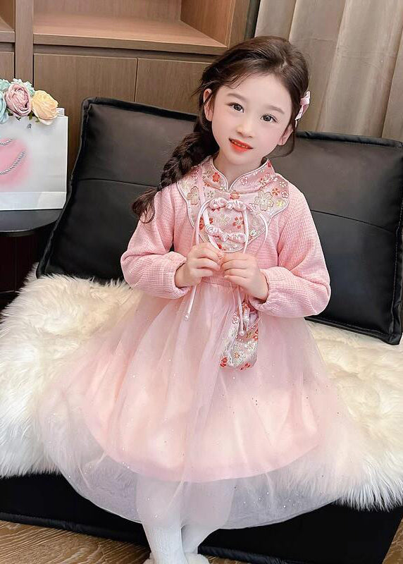 Cute Pink Patchwork Embroideried Tulle Kids Vacation Maxi Dresses Spring