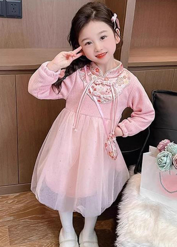 Cute Pink Patchwork Embroideried Tulle Kids Vacation Maxi Dresses Spring