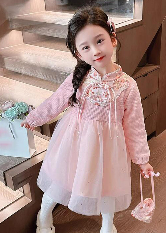 Cute Pink Patchwork Embroideried Tulle Kids Vacation Maxi Dresses Spring