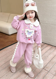 Cute Pink Patchwork Girls Warm Fleece Top And Lantern Pants Two Piece Set Winter