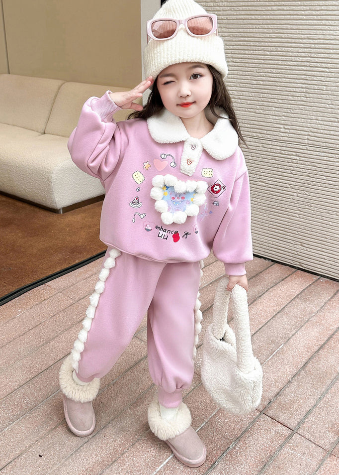 Cute Pink Patchwork Girls Warm Fleece Top And Lantern Pants Two Piece Set Winter