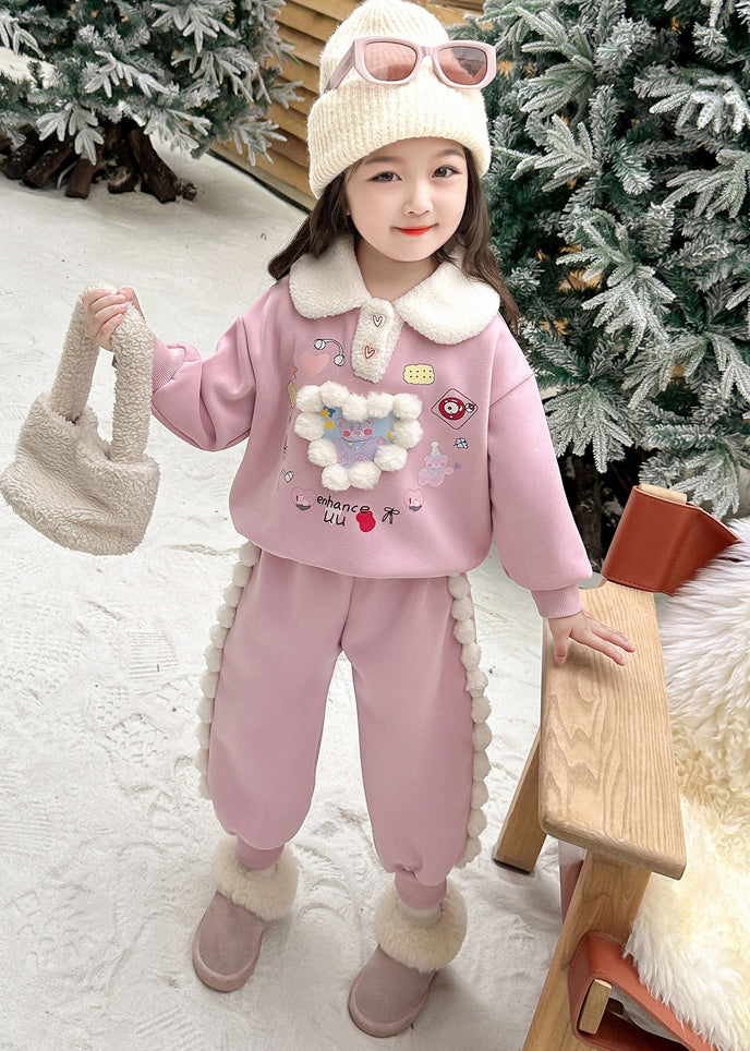 Cute Pink Patchwork Girls Warm Fleece Top And Lantern Pants Two Piece Set Winter