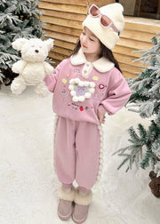 Cute Pink Patchwork Girls Warm Fleece Top And Lantern Pants Two Piece Set Winter