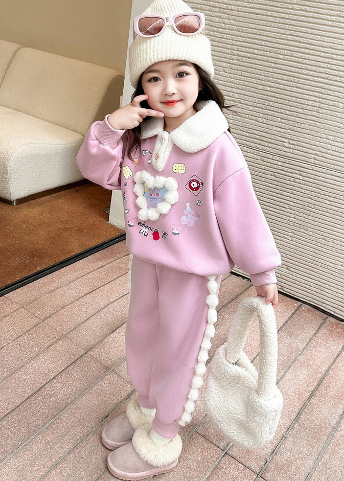 Cute Pink Patchwork Girls Warm Fleece Top And Lantern Pants Two Piece Set Winter