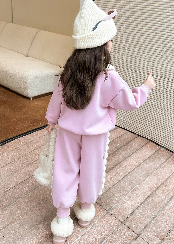 Cute Pink Patchwork Girls Warm Fleece Top And Lantern Pants Two Piece Set Winter