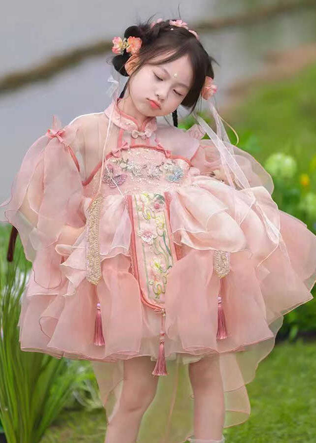 Cute Pink Patchwork Tassel Kids Tulle Maxi Long Dresses Summer