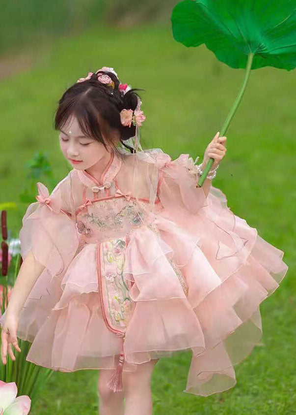 Cute Pink Patchwork Tassel Kids Tulle Maxi Long Dresses Summer