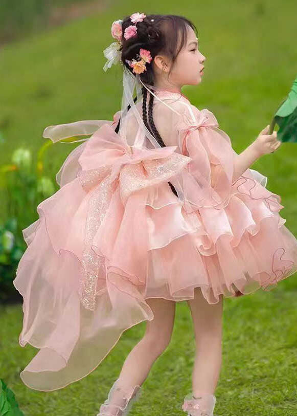 Cute Pink Patchwork Tassel Kids Tulle Maxi Long Dresses Summer