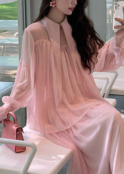 Cute Pink Patchwork Wrinkled Tulle Shirt And Maxi Skirts Two Piece Set Spring