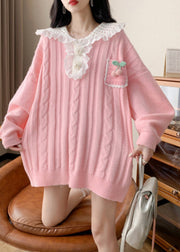 Cute Pink Peter Pan Collar Cotton Knit Sweater Spring