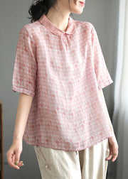 Cute Pink Peter Pan Collar Dot Print Linen Tops Summer