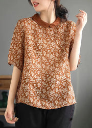 Cute Pink Peter Pan Collar Dot Print Linen Tops Summer