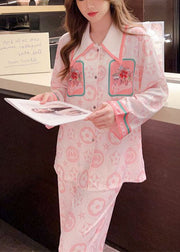 Cute Pink Peter Pan Collar Print Ice Silk Pajamas Two Pieces Set Spring