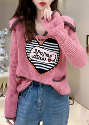 Cute Pink Peter Pan Collar Print Pockets Patchwork Knit Sweaters Fall