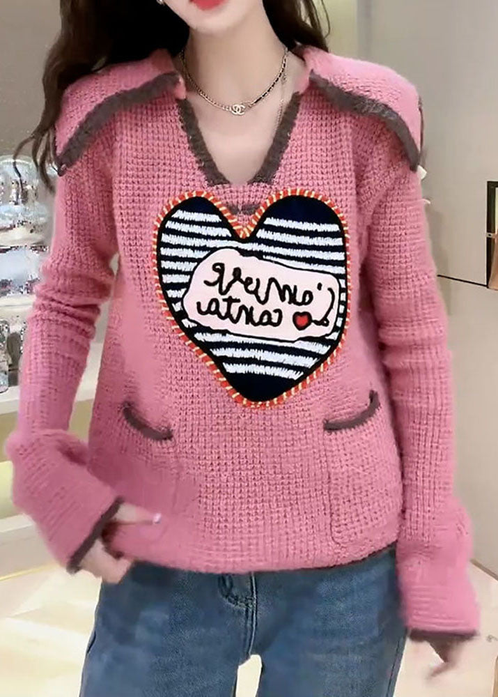 Cute Pink Peter Pan Collar Print Pockets Patchwork Knit Sweaters Fall