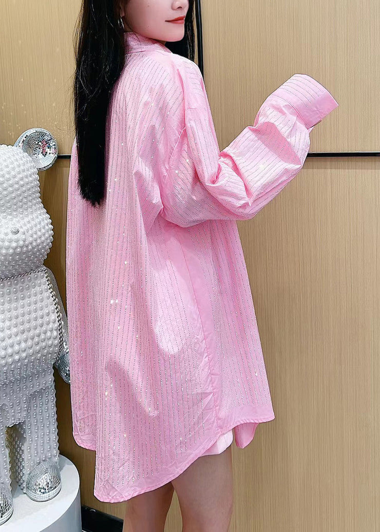 Cute Pink Peter Pan Collar Striped Button Ice Silk Shirt Long Sleeve