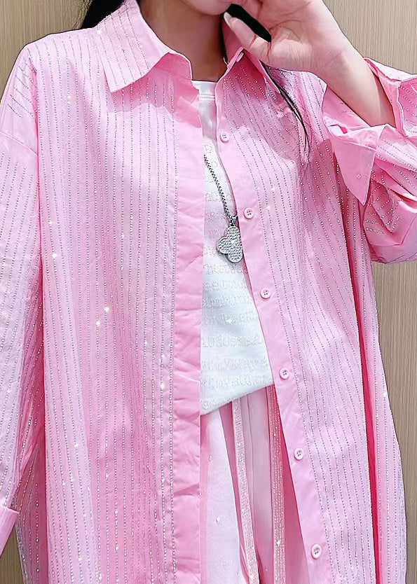 Cute Pink Peter Pan Collar Striped Button Ice Silk Shirt Long Sleeve