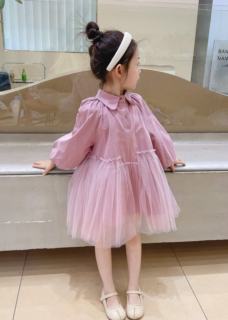 Cute Pink Peter Pan Collar Tulle Patchwork Cotton Kids Girls Dress Fall