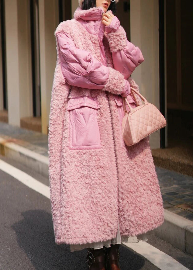 Cute Pink Pockets Teddy Patchwork Long Parka Spring