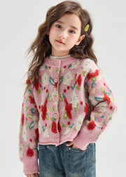 Cute Pink Print Button Warm Cotton Knit Kids Cardigans Lantern Sleeve