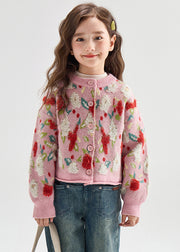 Cute Pink Print Button Warm Cotton Knit Kids Cardigans Lantern Sleeve