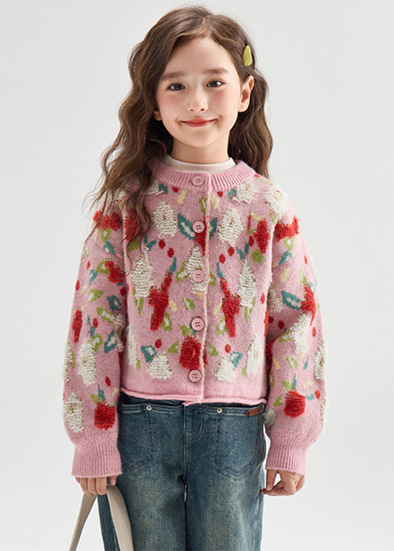 Cute Pink Print Button Warm Cotton Knit Kids Cardigans Lantern Sleeve