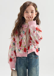 Cute Pink Print Button Warm Cotton Knit Kids Cardigans Lantern Sleeve