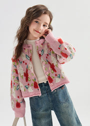 Cute Pink Print Button Warm Cotton Knit Kids Cardigans Lantern Sleeve