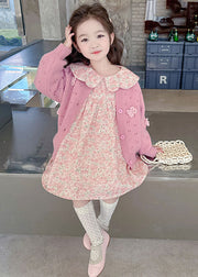 Cute Pink Print Girls Knit Cardigans And Mid Dress Two Piece Set Outfits Fall