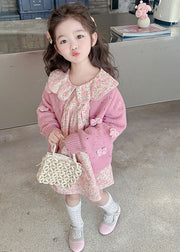 Cute Pink Print Girls Knit Cardigans And Mid Dress Two Piece Set Outfits Fall