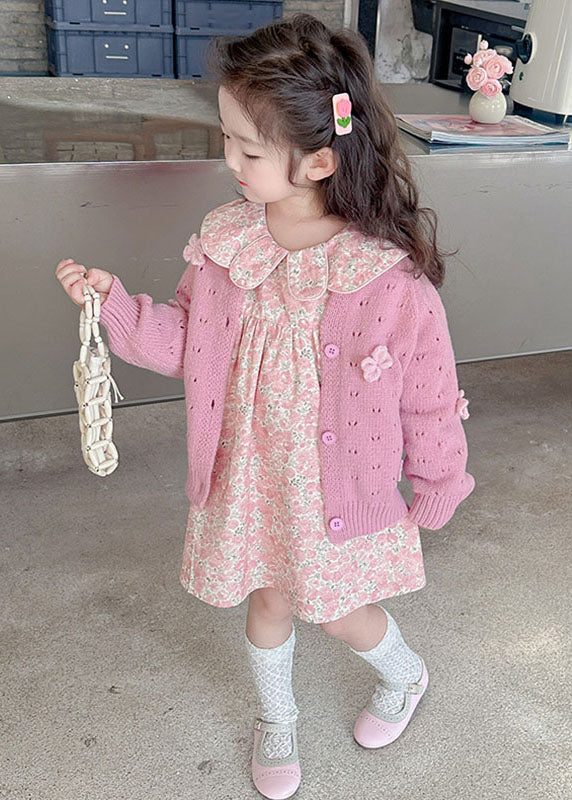 Cute Pink Print Girls Knit Cardigans And Mid Dress Two Piece Set Outfits Fall