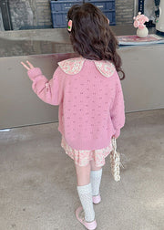 Cute Pink Print Girls Knit Cardigans And Mid Dress Two Piece Set Outfits Fall