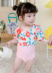 Cute Pink Print Plaid Patchwork Kids One Piece Swimsui Short Sleeve