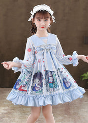 Cute Pink Print Ruffled Patchwork Bow Girls Mid Dresses Fall