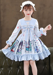 Cute Pink Print Ruffled Patchwork Bow Girls Mid Dresses Fall