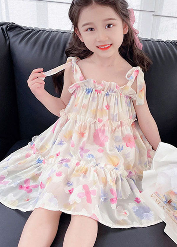 Cute Pink Print Ruffled Patchwork Chiffon Baby Girls Dresses Sleeveless