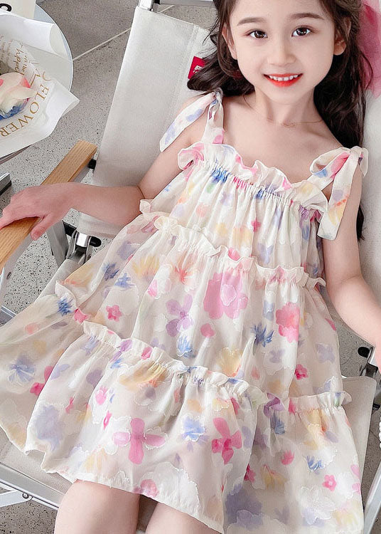 Cute Pink Print Ruffled Patchwork Chiffon Baby Girls Dresses Sleeveless