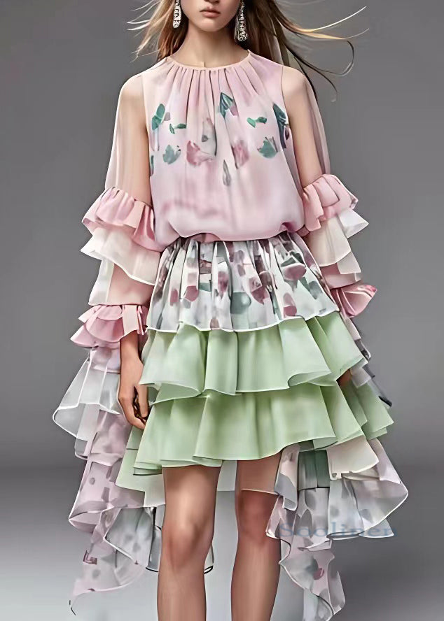 Cute Pink Print Tulle Patchwork Holiday Chiffon Maxi Dress Fall