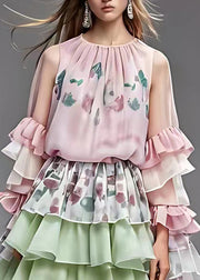 Cute Pink Print Tulle Patchwork Holiday Chiffon Maxi Dress Fall