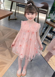 Cute Pink Ruffled Butterfly Tulle Girls Mid Dress Sleeveless