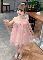 Cute Pink Ruffled Butterfly Tulle Girls Mid Dress Sleeveless