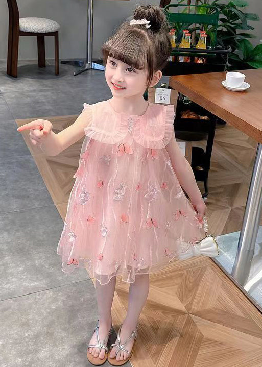 Cute Pink Ruffled Butterfly Tulle Girls Mid Dress Sleeveless