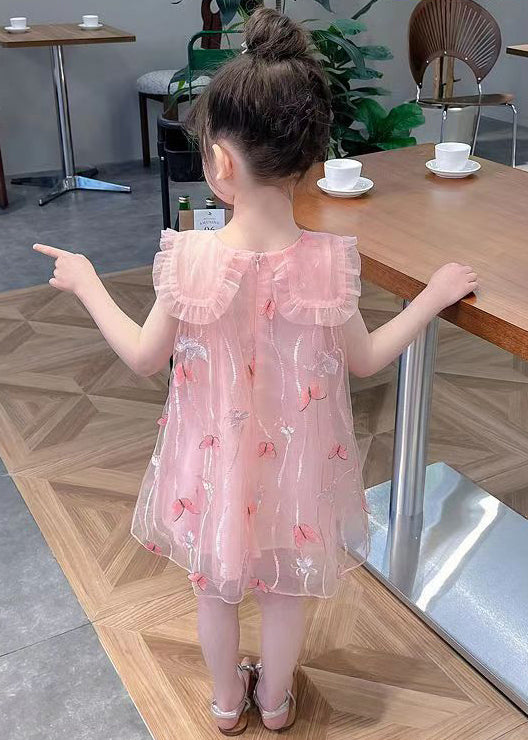 Cute Pink Ruffled Butterfly Tulle Girls Mid Dress Sleeveless