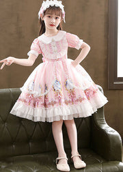 Cute Pink Ruffled Cartoon Print Patchwork Chiffon Kids Girls Princess Dress Summer